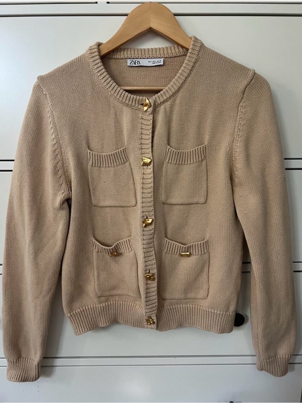 ZARA Beige Knit Cardigan with Gold-Tone Buttons